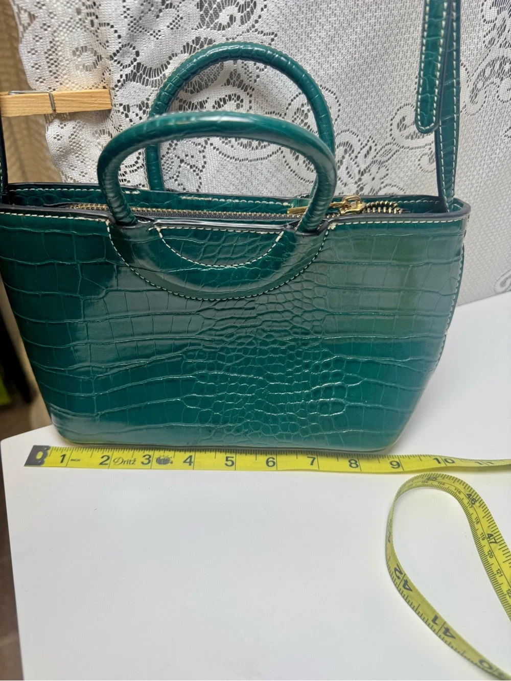 Green Croc-Embossed Mini Crossbody Bag. Whipstitch Handles- 9” Handbag